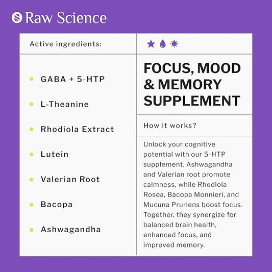 Brain Supplements for Memory and Focus - Ashwagandha, L Theanine, Rhodiola Extract, GABA, 5HTP - Nootropic, Mood Support & Cortisol Supplement - Magnesium Oxide, Mucuna Pruriens - 60 Capsules