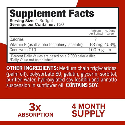 Qunol CoQ10 100mg Softgels, Ultra CoQ10 100mg, 3x 3x Better Q10 Vitamins 4 Month 120 Count