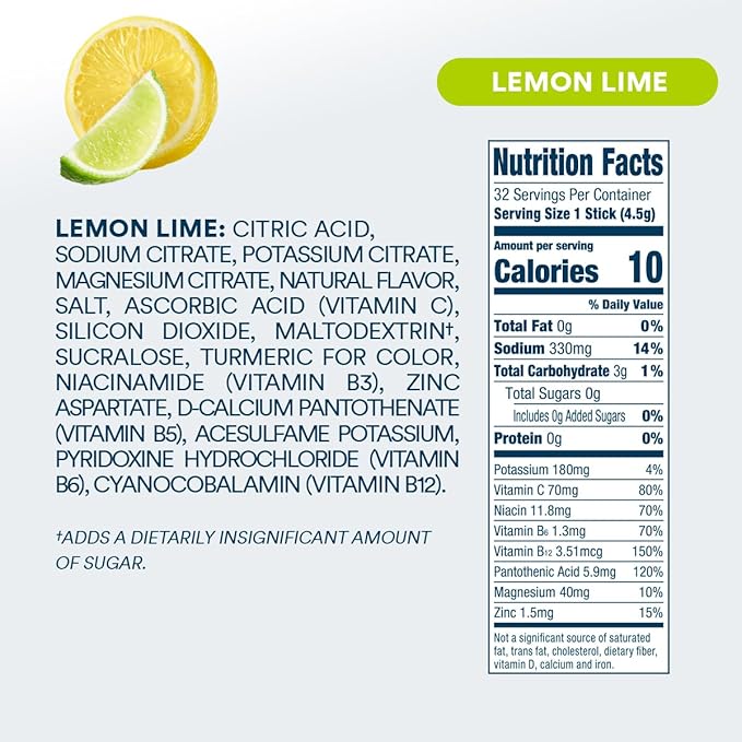 DripDrop Hydration - Zero Sugar Lemon Lime - Electrolyte Drink Mix Single Serve Powder Packets | Non-GMO, Gluten Free, Vegan | 32 Sticks