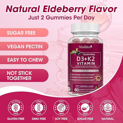 Vitamin D3 10000 IU + K2 (MK-7) 200mcg w/Calcium Magnesium Zinc Elderberry & Inulin-Highly Bioavailable-Enhanced Absorption for Immune & Bone Support- K2 D3 Vitamin Supplement-Vegan Gummies