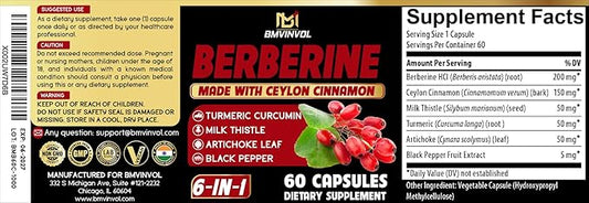 Berberine with Ceylon Cinnamon, Turmeric, Milk Thistle, Artichoke, Black Pepper - 60 Count - Pack of 1