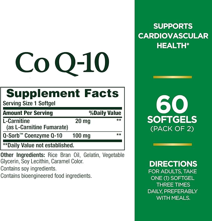 Nature's Bounty CoQ10 100mg Plus L-Carnitine, 120 Softgels