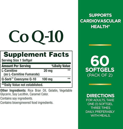 Nature's Bounty CoQ10 100mg Plus L-Carnitine, 120 Softgels
