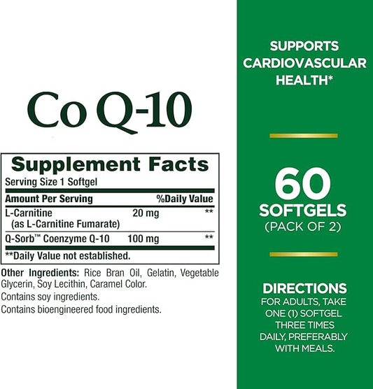 Nature's Bounty CoQ10 100mg Plus L-Carnitine, 120 Softgels