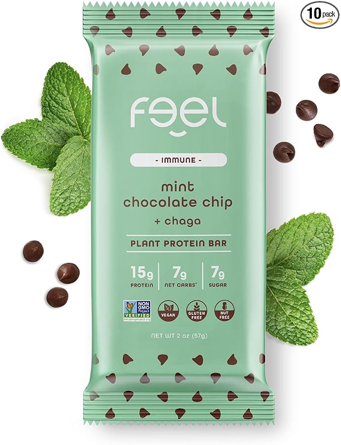 Feel Vegan Protein Bars | Mint Chocolate Chip | Keto | Gluten Free | Organic | Chaga Mushroom | 15g Plant Protein | Low Carb | High Protein | Dairy Free | Low Sugar | Grain Free | Nut Free | Soy Free