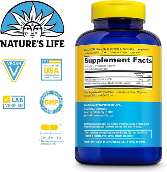 Nature’s Life Renewing Magnesium 500 mg - Magnesium Citrate, Magnesium Malate, Magnesium Oxide Plus Vitamin B-6 - Muscles and Nerves Support - Lab Verified (180 Servings, 180 VegCaps)
