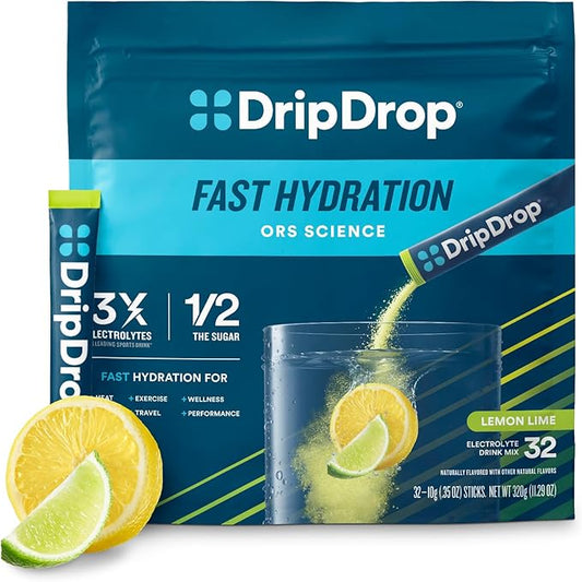 DripDrop Hydration - Lemon Lime - Electrolyte Drink Mix Single Serve Powder Packets | Non-GMO, Gluten Free, Vegan | 32 Sticks