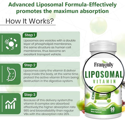 Active B Complex Liposomal B Vitamins with Choline Inositol, 90 Softgels B1, B2, B3, B5, B6, Biotin, Folate, B12 Methylcobalamin- Immune, Energy, Brain and Heart Support-2 Bottles