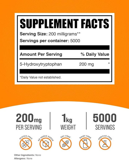 BulkSupplements.com 5-HTP Powder - 5-Hydroxytryptophan, 5 HTP Supplement - 5-HTP 200mg, Mood Support Supplement - Gluten Free, 200mg per Serving, 5kg (11 lbs) (Pack of 5)