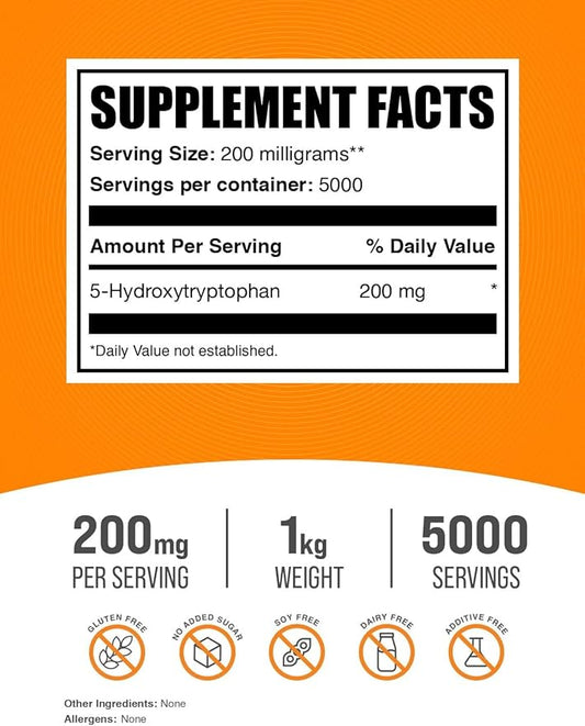 BulkSupplements.com 5-HTP Powder - 5-Hydroxytryptophan, 5 HTP Supplement - 5-HTP 200mg, Mood Support Supplement - Gluten Free, 200mg per Serving, 5kg (11 lbs) (Pack of 5)