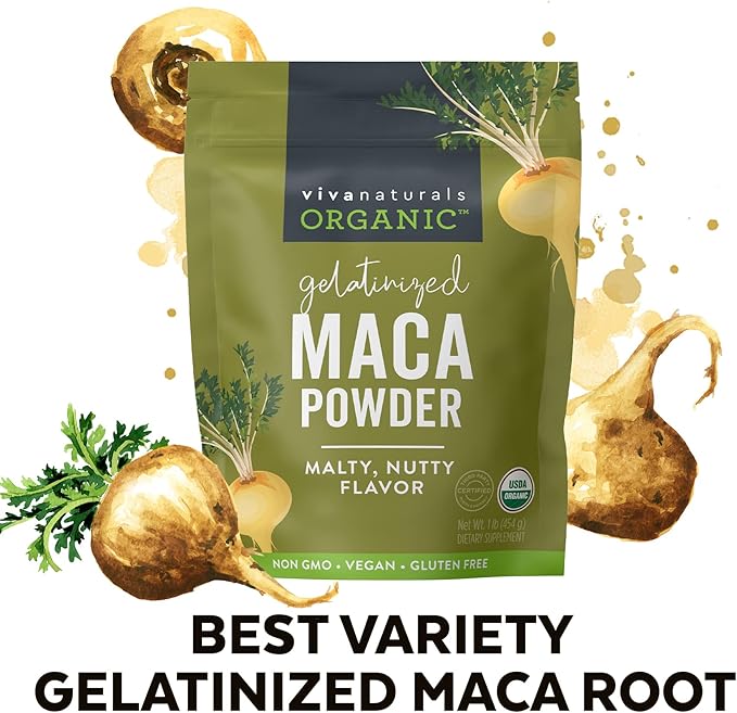 Viva Naturals Organic Maca Powder - Gelatinized Maca Powder Organic, Pervuian Superfood Traditionally Used for Energy, Certified Organic, Gluten-Free & Non-GMO, 16 Oz (1 lb) Bag