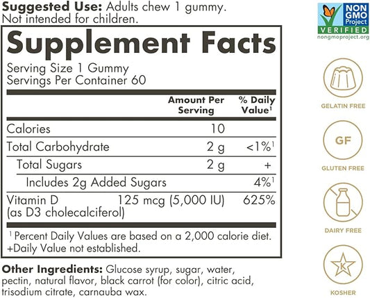 Solgar Vitamin D3 Gummies for Adults 5,000IU Ultra Potency Vitamin Immune System Support for Women & Men - Tasty Strawberry Flavor, Gluten & Gelatin Free Gummy, 2 Month Supply, 60 Servings, 2g Sugar