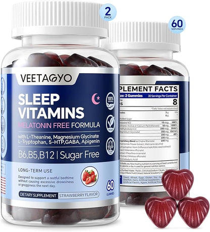 Melatonin Free 5-HTP GABA Sleep Supplement Gummies for Adults & Kids 12+ with L-Theanine, Magnesium Glycinate, L-Tryptophan, Apigenin - Sugar Free, Strawberry Flavor, Vegan, 120 Count