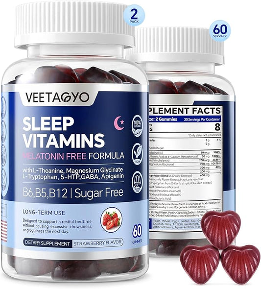 Melatonin Free 5-HTP GABA Sleep Supplement Gummies for Adults & Kids 12+ with L-Theanine, Magnesium Glycinate, L-Tryptophan, Apigenin - Sugar Free, Strawberry Flavor, Vegan, 120 Count
