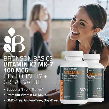 Bronson Vitamin K2 MK-7 100 MCG, K2 as MK7 Menaquinone, 120 Tablets