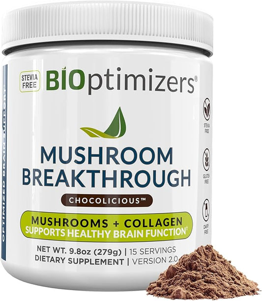 BiOptimizers Mushroom Coffee Alternative – Chocolate Drink – Lion’s Mane, Chaga, Reishi + Collagen Peptides for Focus, Energy & Gut Health – Adaptogenic Mushrooms & MCT Powder – 15 Servings