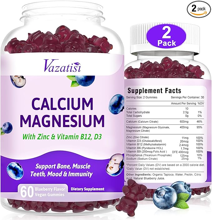 2 Pack Calcium Magnesium Zinc Gummies D3 & B12, Sugar