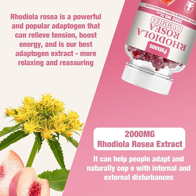 1 Pack 2000MG Sugar Free Rhodiola Rosea Gummies-Rhodiola Supplement ＆ Cortisol Reducer for Endurance, Mood ＆ Stress, Sleep ＆ Fatigue Relief Support, Non-GMO, 60 Tablets Vegetarian Chews