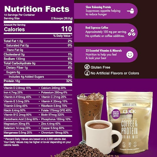 CLICK Coffee Protein Powder 16g Protein 23 Essential 150mg Caffeine