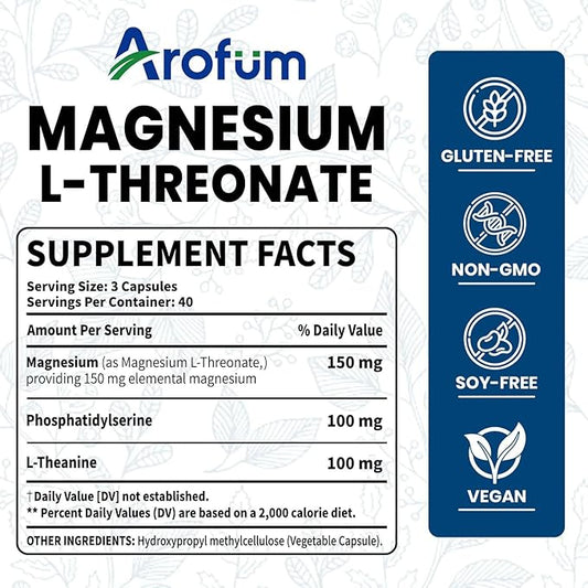 Magnesium L-Threonate | for Cognitive Support, Nighttime Restoration and Musculoskeletal Function | Non-GMO, Gluten-Free | 120 Vegetarian Capsules