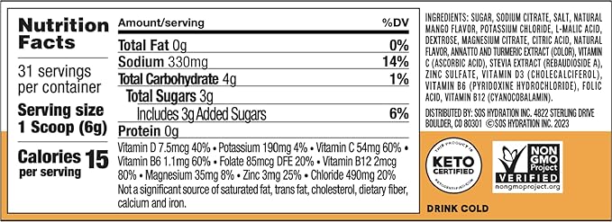 SOS Hydration Electrolyte Powder, Mango Flavor, 31 Servings – Low-Calorie Rapid Rehydration, Made in USA, Keto & Vegan Friendly