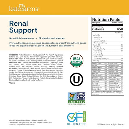 KATE FARMS Organic 1.8 Renal Support Shake, Vanilla, 20g Protein, 27 Vitamins and Minerals, Specialized Dialysis Nutrition Support, 8.45 oz (12 Pack)