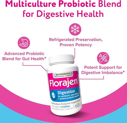 Florajen Digestion Probiotics (Refrigerated) - Advanced Gas & Bloat Supplement with Lactobacillus, Supports Gut Health, Unbloat & Good Flora, Adult Daily Probiotics for Constipation, 60 Count