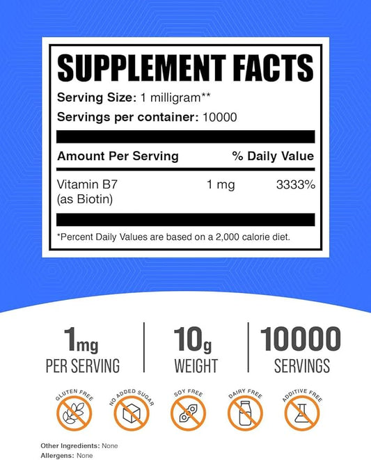 BulkSupplements.com Pure Biotin Powder - as Vitamin B7, Biotin Supplement, Biotin Vitamins for Hair, Skin and Nails - Gluten Free, 1mg per Serving, 10g (0.35 oz) (Pack of 1)