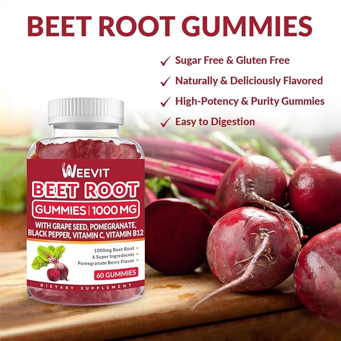 Beet Gummies 1000mg with Grape Seed, Pomegranate, Black Pepper, Vitamin C, B12 | Nitric Oxide Booster for Men Women, Organic Beet Root Gummies