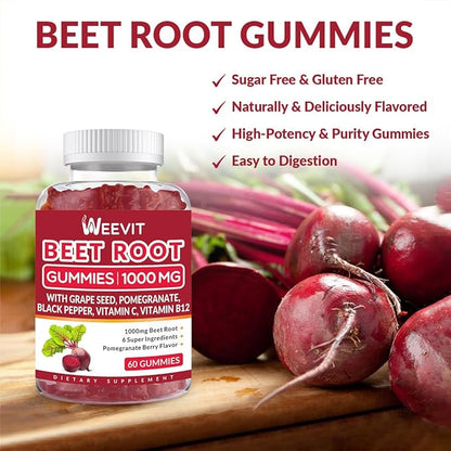 Beet Gummies 1000mg with Grape Seed, Pomegranate, Black Pepper, Vitamin C, B12 | Nitric Oxide Booster for Men Women, Organic Beet Root Gummies