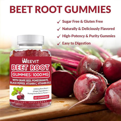 Beet Root Gummies 1000mg, Nitric Oxide Supplement for Men Women | Organic Beet Gummy with Grape Seed, Pomegranate, Black Pepper, Vitamin C, B12 (2-Pack)