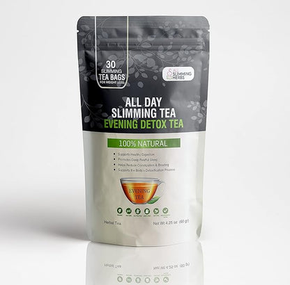 ALL SLIMMING HERBS All Day Slimming Tea For Weight Loss - All Natural 30 Days Detox Teas That Flattens Tummy - Daytime Energy Boost Tea 30 Bags + Evening Detox Tea 30 Bags