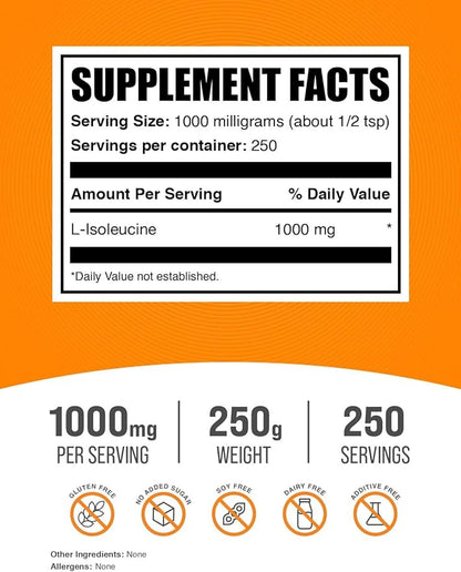 BulkSupplements.com L-Isoleucine Powder - Isoleucine Supplement, BCAA Supplement - Amino Acid Supplement, Unflavored & Gluten Free, 1000mg per Serving, 250g (8.8 oz) (Pack of 1)
