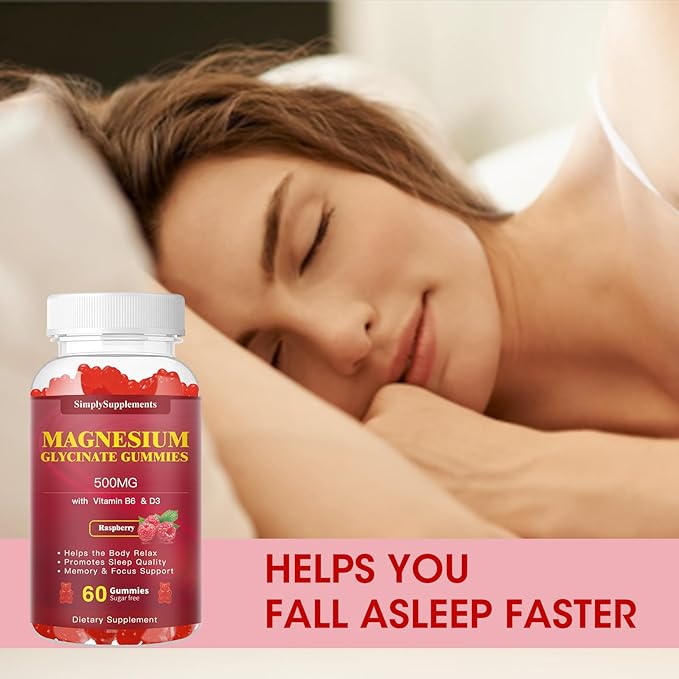 Magnesium Glycinate Gummies 500mg, Chewable Magnesium D3, B6, B6, CoQ10, CoQ10, for 60 Raspberry