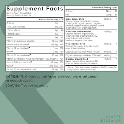Sports Research® Organic Greens Superfood Powder w/Spirulina & Chlorella, Adaptogens, Enzymes, Probiotics & B Vitamins for Gut & Mood Support* - Vegan, Sugar-Free & Low Cal - 20 Servings