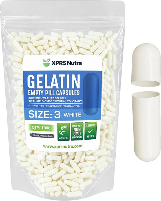 XPRS Nutra Size 3 Empty Capsules - 1000 Count Empty Gelatin Capsules - Empty Pill Capsules - DIY Capsule Filling - Pure Bovine Pill Capsules Empty Gel Caps (White)