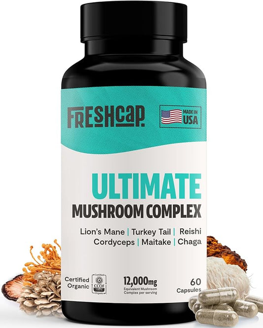 FreshCap Ultimate Mushroom Supplement 12,000mg - Mushroom Complex Capsules, Organic Mushrooms Supplement, Mushroom Extract, Ayurveda Mushroom Blend Nootropic (60 Capsules)