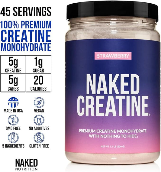 Naked Creatine - Strawberry Flavored Creatine Monohydrate - Real Strawberry Powder, Nothing Artificial, Muscle Growth, Vegan, Non-GMO, Gluten Free, Soy Free - 45 Servings
