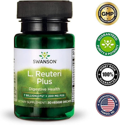 Swanson L. Reuteri Probiotic Plus w/L. Rhamnosus L. Acidophilus & FOS Prebiotic Digestive Support - Promotes Gut Health w/ 7 Billion CFU per Capsule - (30 Veggie Capsules)