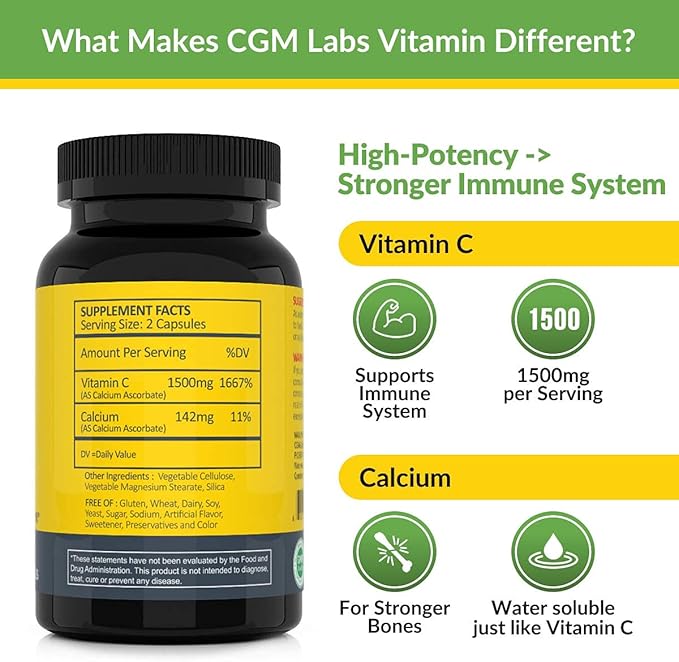 Non Acidic Vitamin C Dietary Supplement 1500mg with 100 Caps
