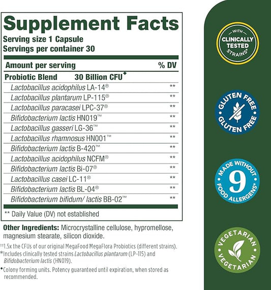 MegaFood Digestive Probiotic - 12 Strain Vegetarian Probiotics for Women & Men, 30 Billion CFUs, Support Gut Health, Probiotics for Digestive Health Help Relieve Occasional Gas & Bloating, 30 Capsules