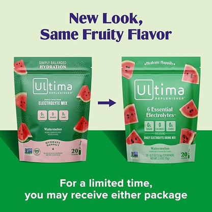 Ultima Replenisher Daily Electrolyte Powder Drink Mix – Watermelon, 20 Stickpacks – Hydration Packets with 6 Electrolytes and Trace Minerals – Keto Friendly, Vegan, Non-GMO and Sugar-Free