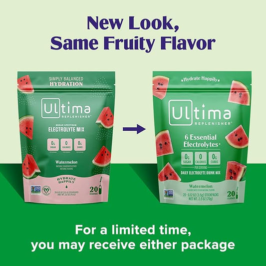 Ultima Replenisher Daily Electrolyte Powder Drink Mix – Watermelon, 20 Stickpacks – Hydration Packets with 6 Electrolytes and Trace Minerals – Keto Friendly, Vegan, Non-GMO and Sugar-Free