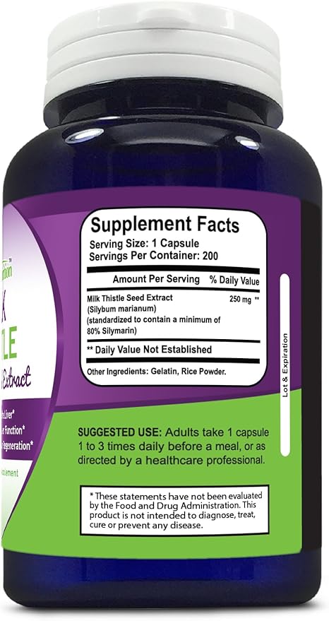 Milk Thistle Standardized Extract with 80% 250 mg, 200 Capsules