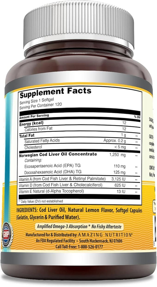 Amazing Omega Norwegian Cod Liver Oil 1250 Mg Omega-3, EPA, 120 Count)