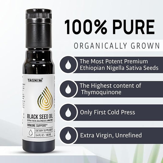 100% Ethiopian BlackSeed Oil 3.4 Fl Oz - Cold Pressed Black Seed Oil for Immune Support, High Potency 5.7% - 21% Thymoquinone Skin, Hair & Overll Health - Unrefined Black Cumin Seed Oil - Gluten Free