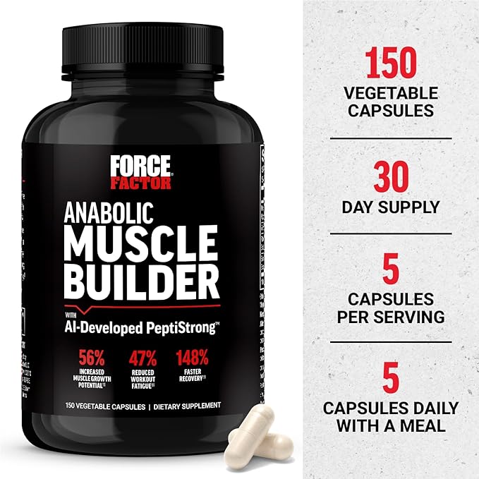 FORCE FACTOR Anabolic Muscle Builder, Muscle Building Support Supplements for Men, Supports Muscle, Strength, and Recovery, Reduces Fatigue, with AI-Developed PeptiStrong, 150 Capsules