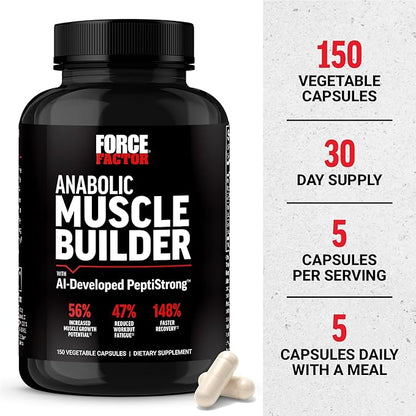 FORCE FACTOR Anabolic Muscle Builder, Muscle Building Support Supplements for Men, Supports Muscle, Strength, and Recovery, Reduces Fatigue, with AI-Developed PeptiStrong, 150 Capsules