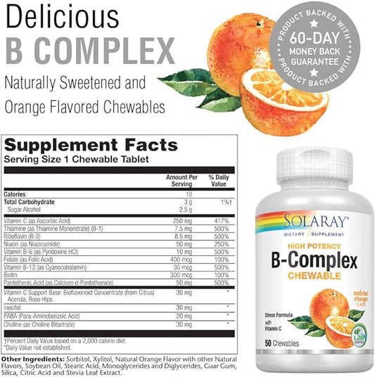 Solaray Vitamin B-Complex 250mg Natural Orange Flavor 50 Chewables