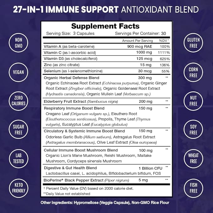 27 in 1 Immune Support Supplement | Antioxidant Immune Boosters for Adults | 90 Immune Defense Capsules | 1000mg Vitamin C, 5000 IU D3, Elderberry, Zinc, 1 Billion CFU Probiotics & More (2 Pack)